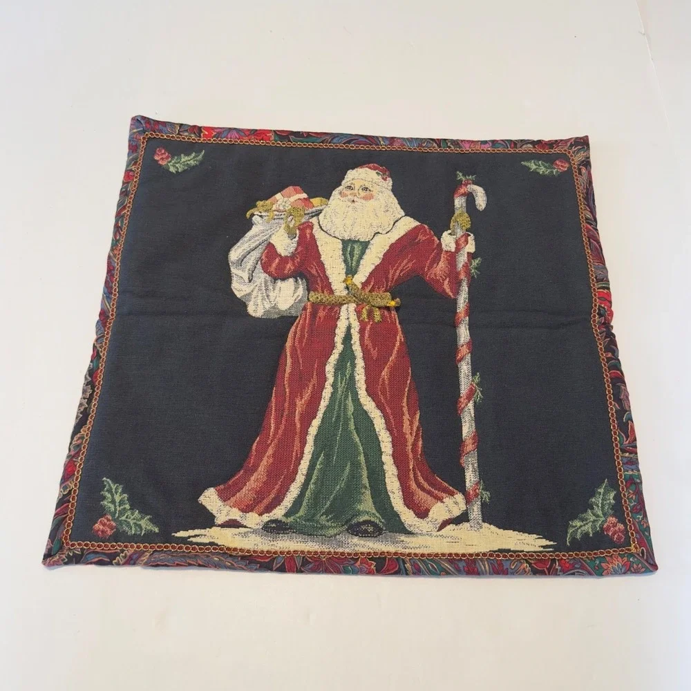 Vintage Santa Claus Woven Tapestry Wall Hanging Paisley Border 18.5x17